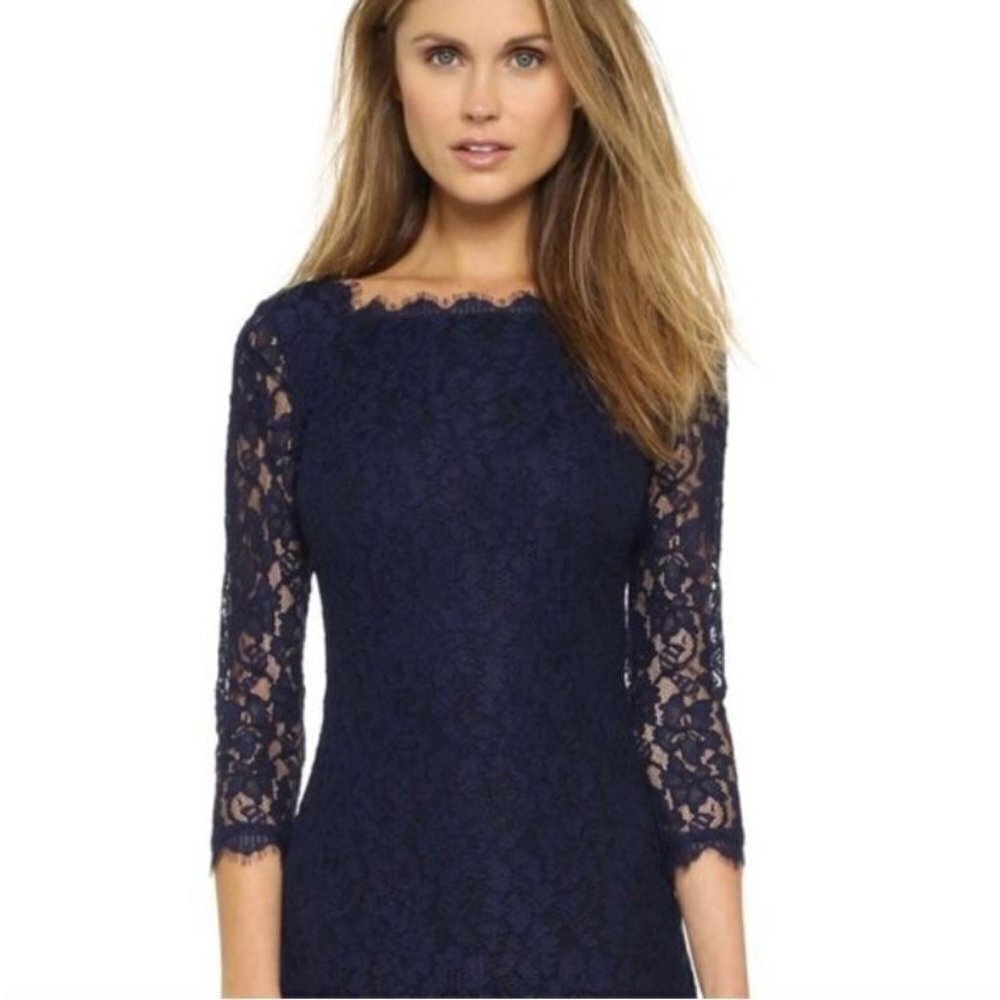 Diane Von Furstenberg DVF Colleen Navy Blue Floral Lace Sheath Dress Size 0 - Picture 2 of 9